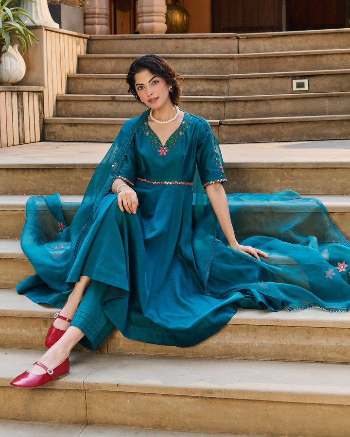 Aavya Green Embroidered Roman Silk Suit Set