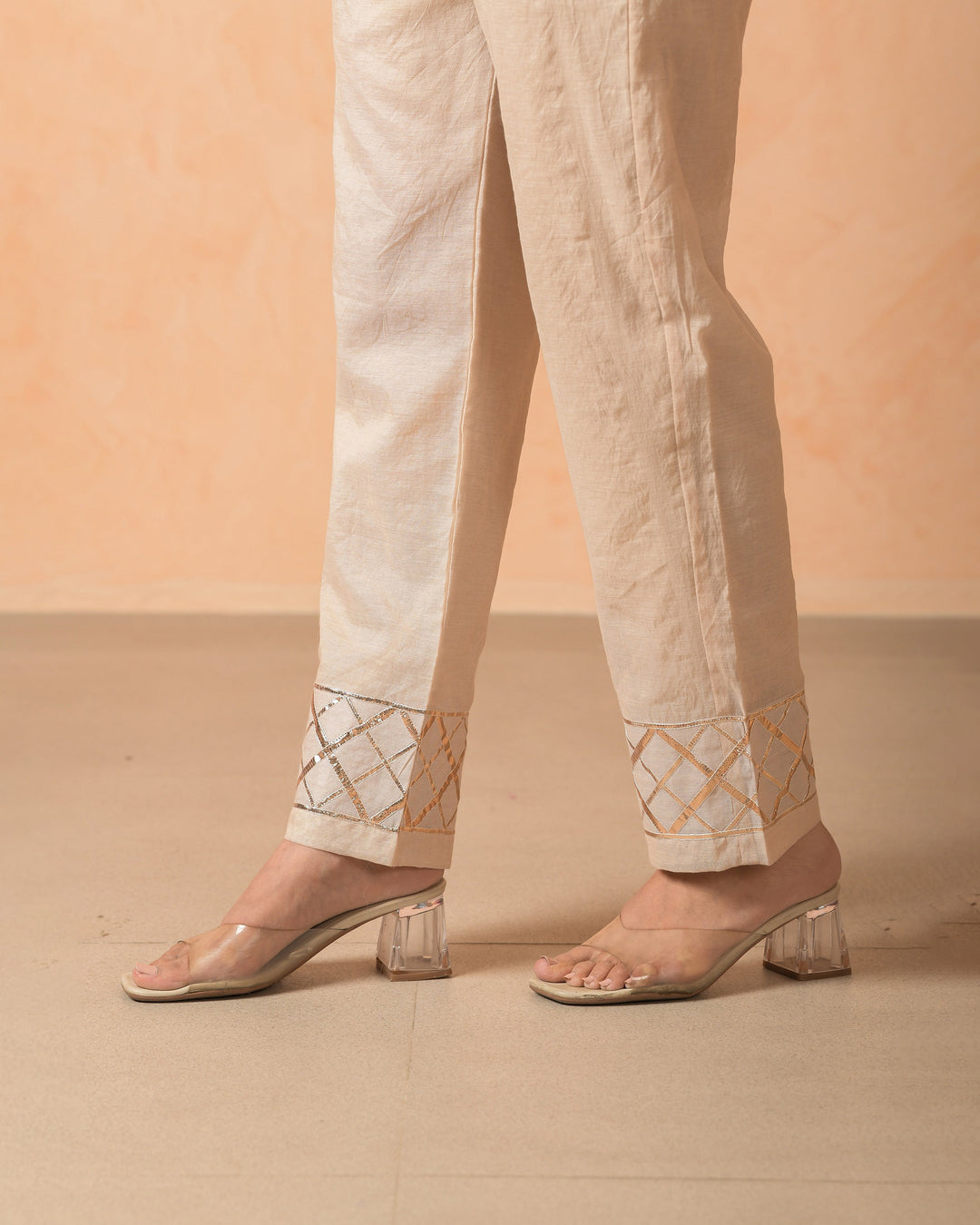 Shafa Beige Chanderi Gotapatti Straight Pants