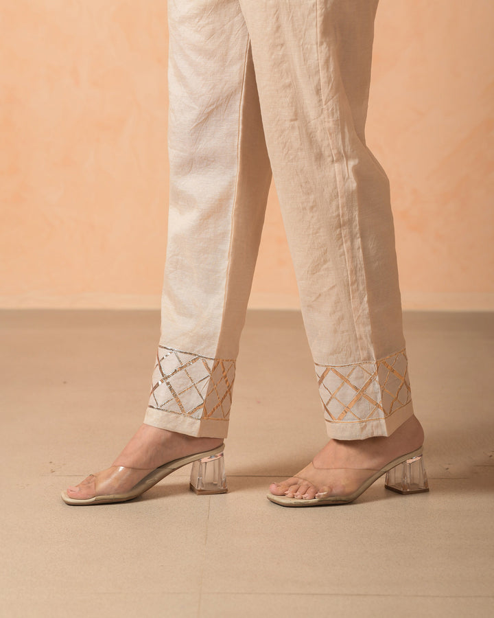 Shafa Beige Chanderi Gotapatti Straight Pants