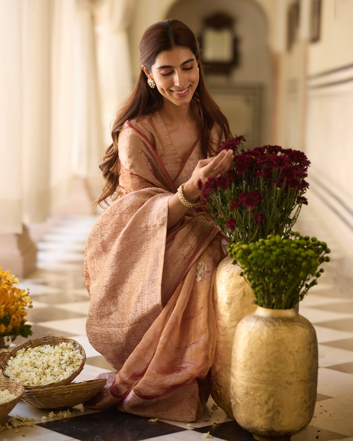 Damini Rust Orange Handcrafted Tissue Saree