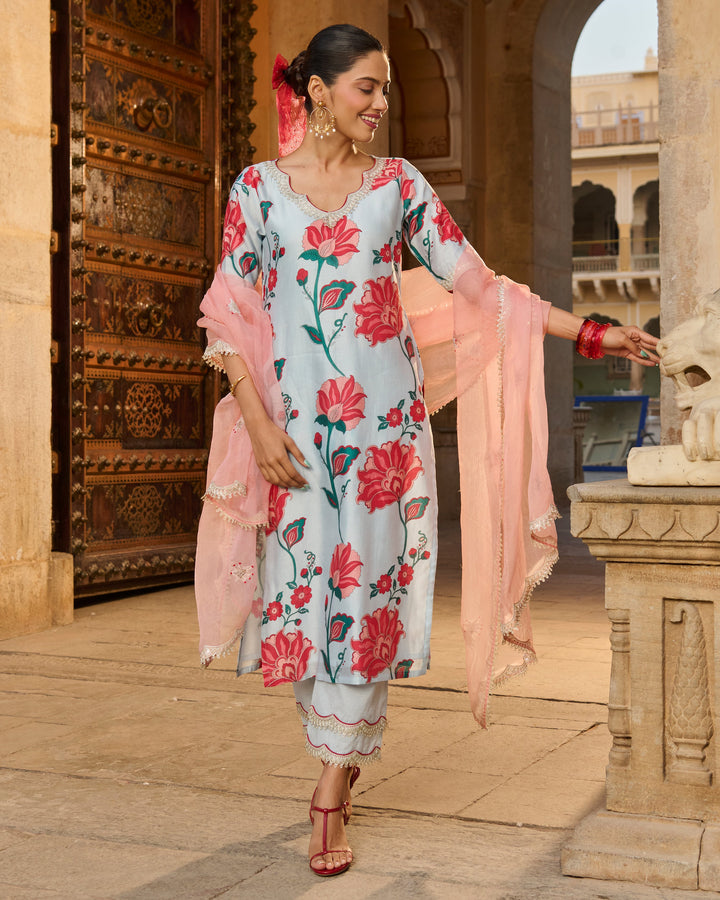 Saumya Light Blue Printed Chanderi Suit Set