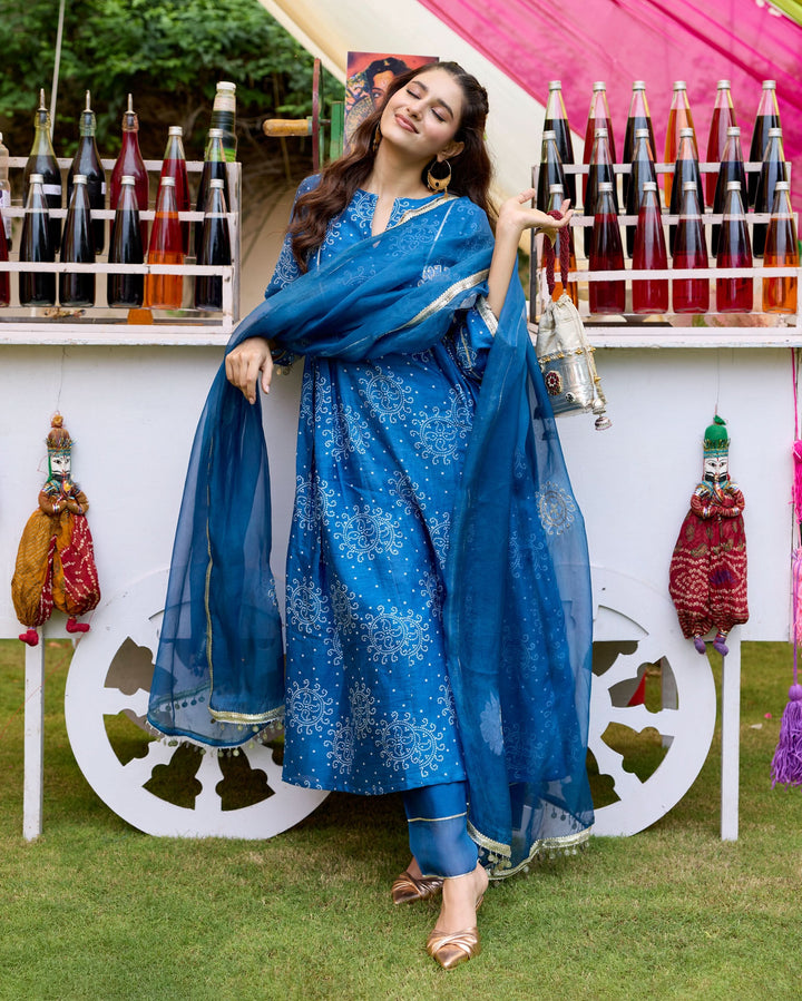 Arogya Blue Bandhani Chanderi Suit Set