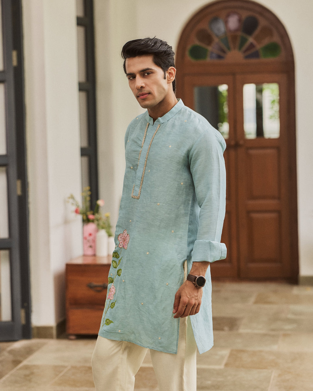 Zevran Blue Handpainted Silk Kurta