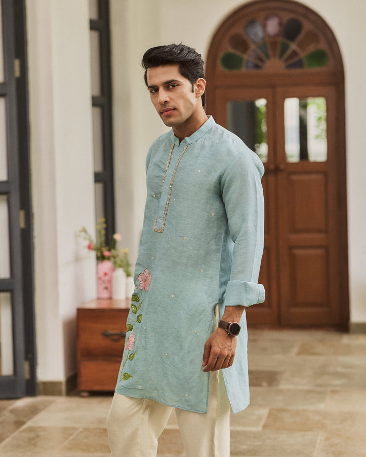 Zevran Blue Handpainted Silk Kurta
