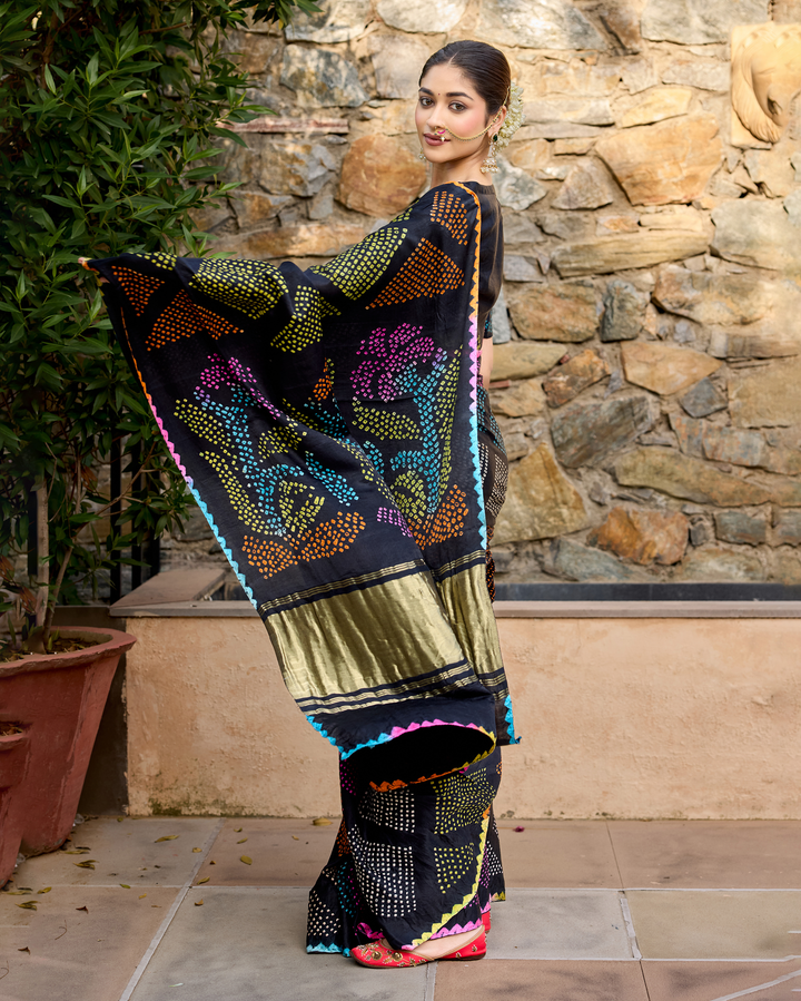 Kajal Black Gajji Silk Bandhej Saree
