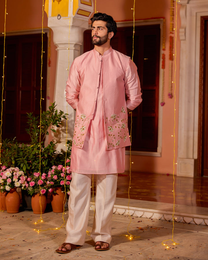 Ruhansh Pink Chanderi Embroidered Jacket And Kurta Set