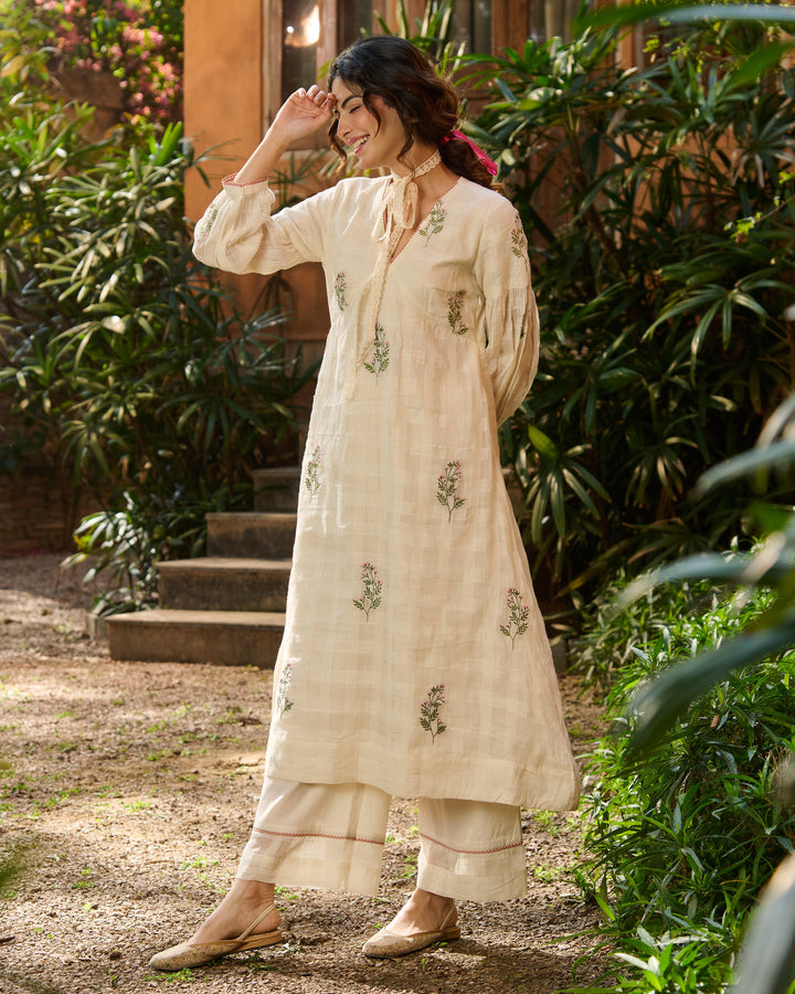 Sidoni Off White Embroidered Cotton Checks Kurta Set