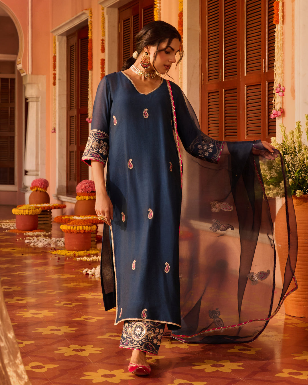 Riddhima Teal Blue Embroidered Chanderi Suit Set