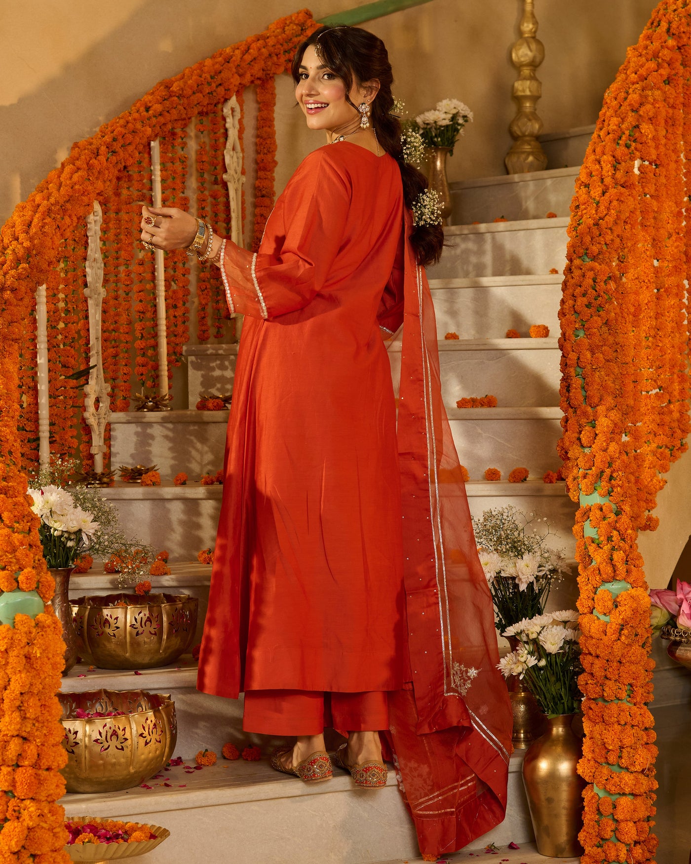 Prakash Rust Orange Solid Chanderi Suit Set
