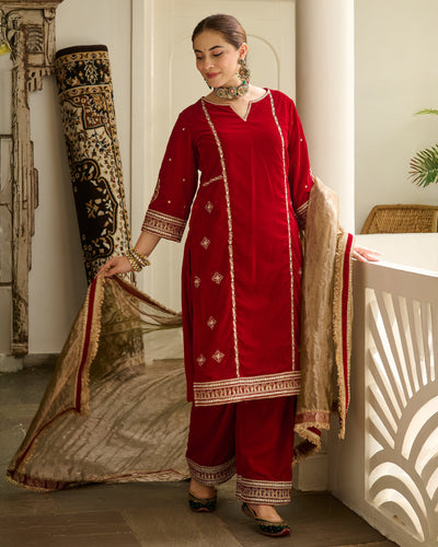 Saya Red Embroidered Velvet Suit Set
