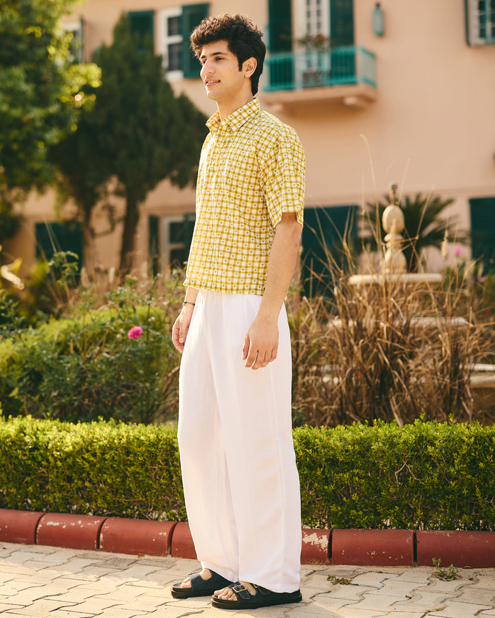 Jor Olive Cotton Checks Printed Shirt