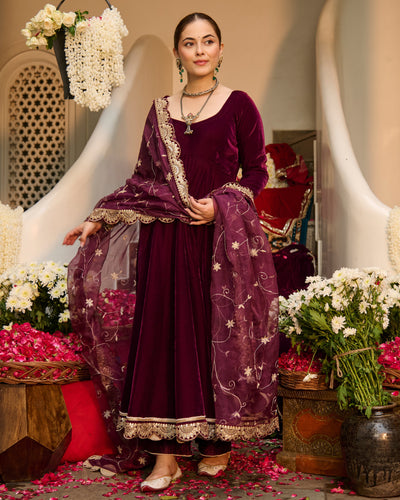 Mahika Purple Solid Velvet Suit Set
