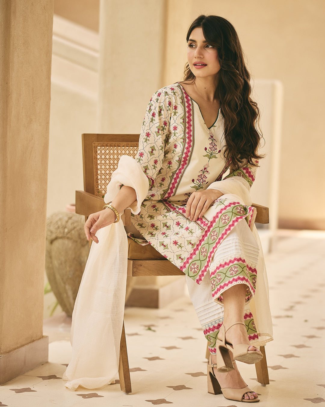 Kaisan Beige Cotton Printed Suit Set