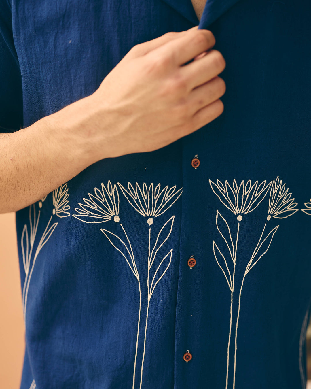 Davo Navy Cotton Flex Embroidered Shirt