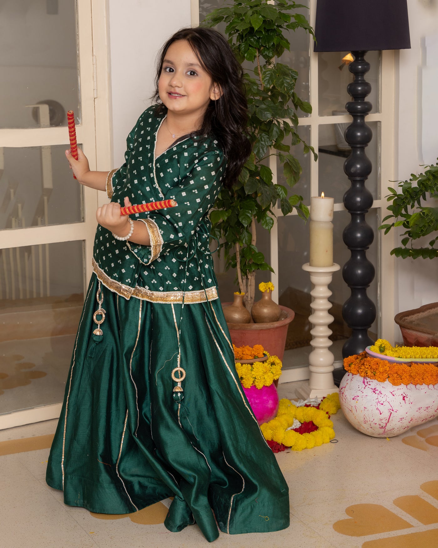 Anika Green Bandhani Chanderi Lehenga Set