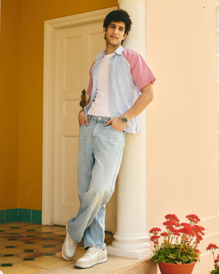 Rian Blue and Pink Cotton Checks Printed Shirt