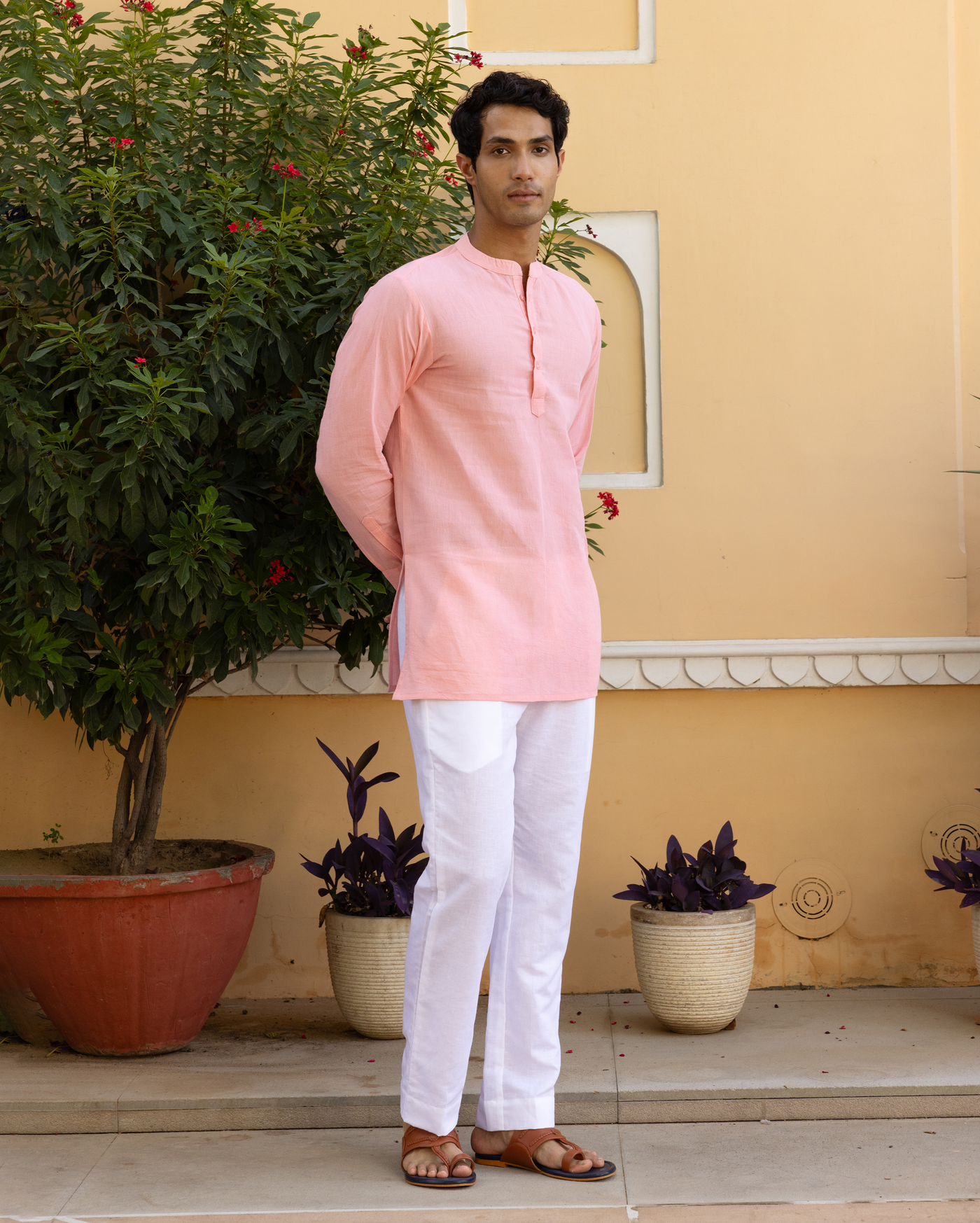 Aghora Peach Solid Linen Kurta