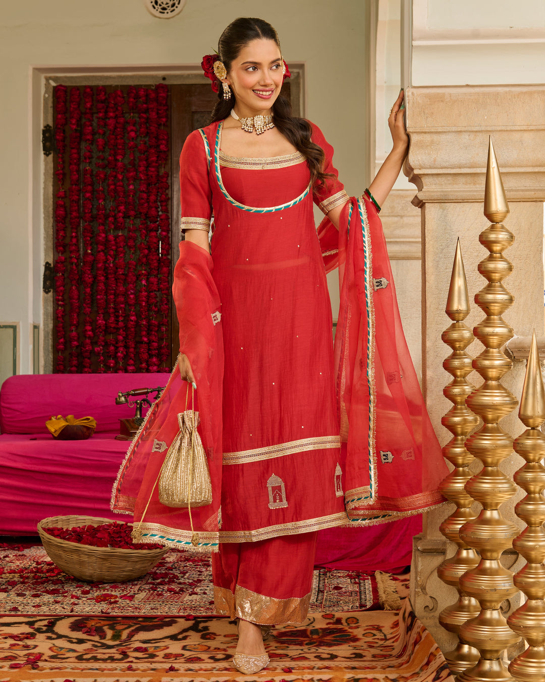 Rust Red Solid Chanderi Suit Set