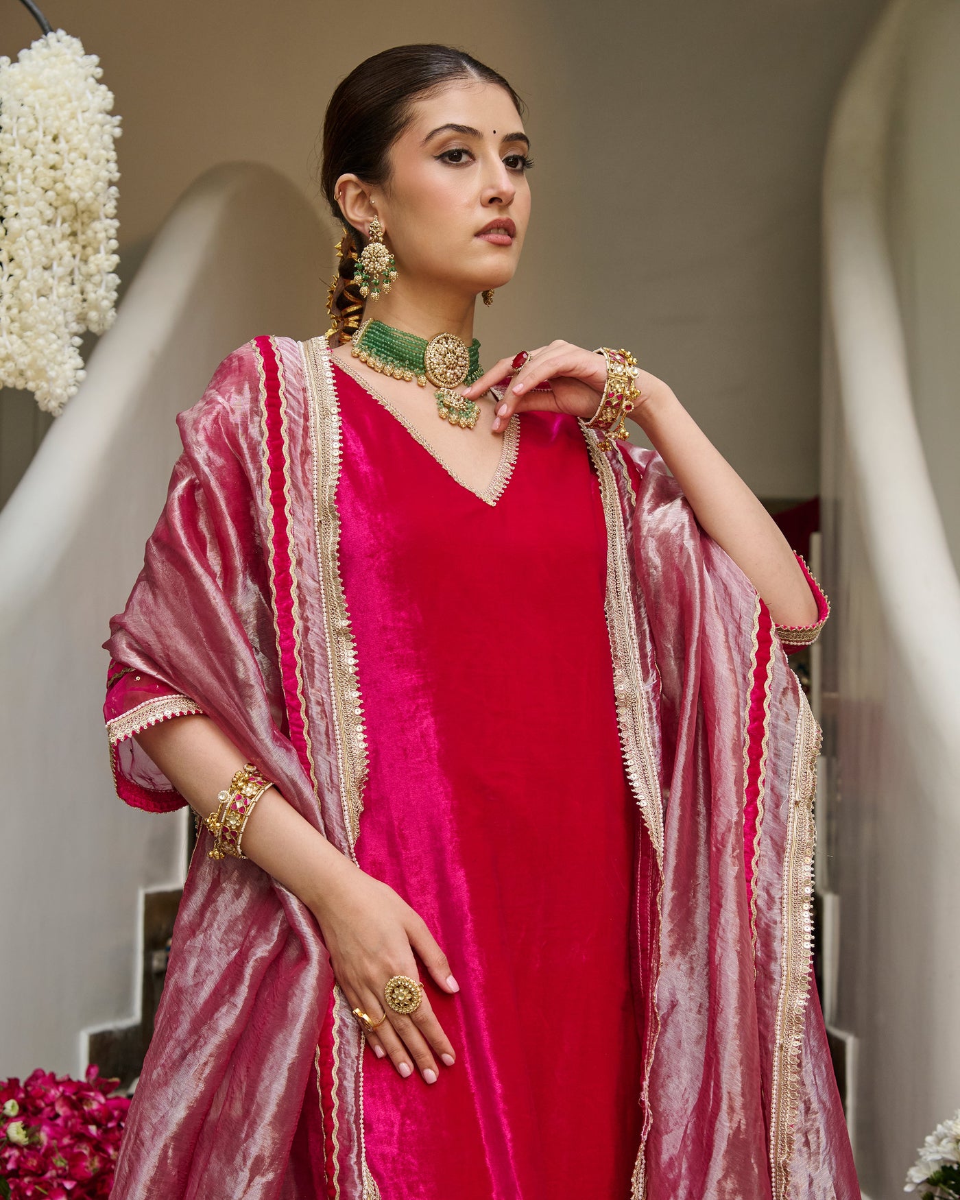 Rima Pink Solid Velvet Suit Set