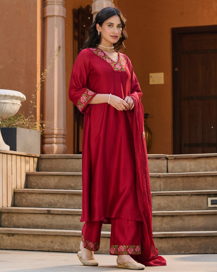 Solar Maroon Embroidered Roman Silk Suit Set