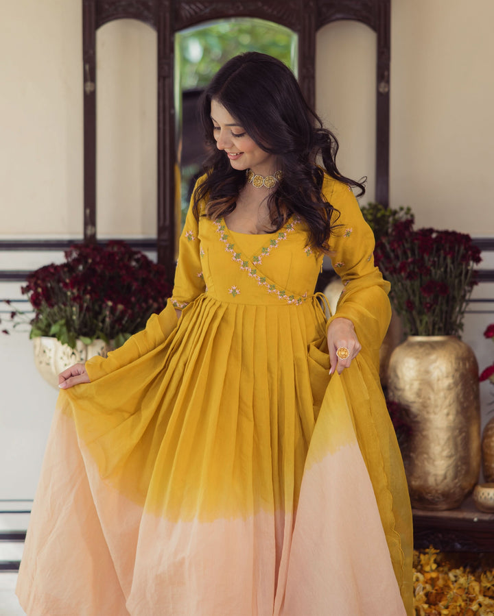 Sunny Mustard Ombre Embroidered Chanderi Suit Set