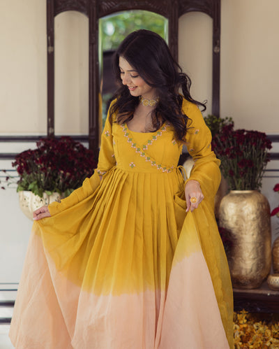Sunny Mustard Ombre Embroidered Chanderi Suit Set