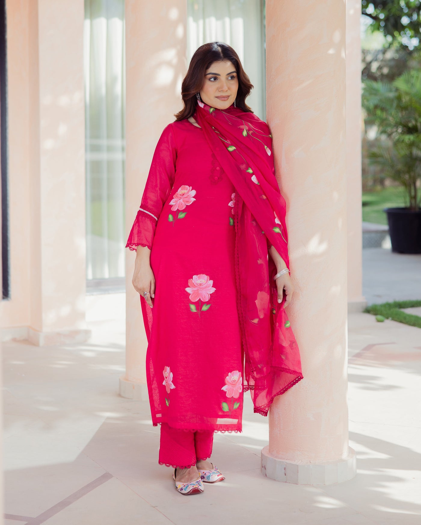 Meadow Magenta Handpainted Chanderi Suit Set
