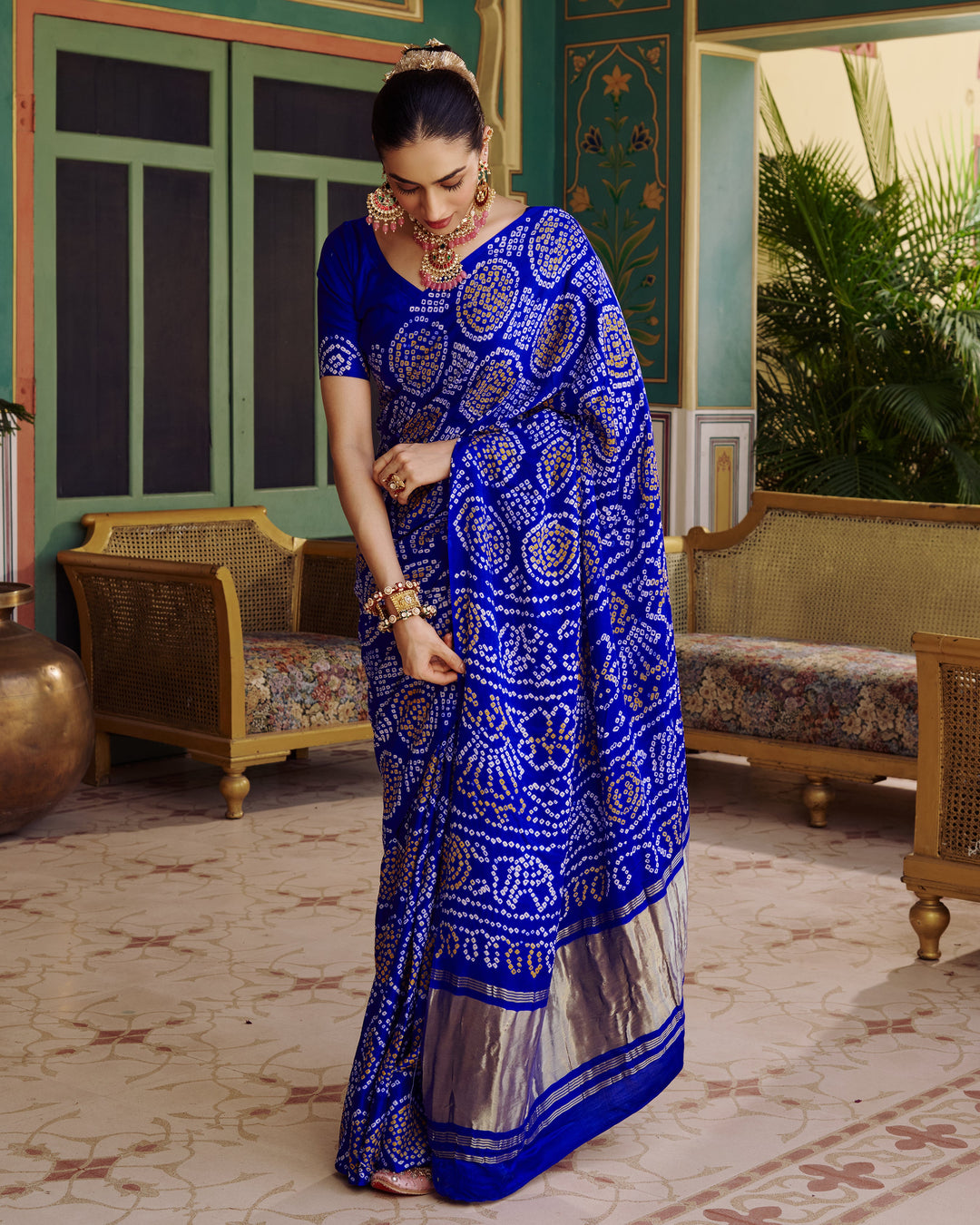 Phuhar Blue Bandhej Silk Saree