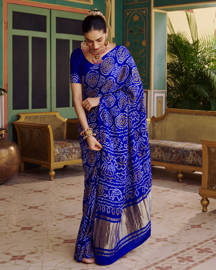 Phuhar Blue Bandhej Silk Saree