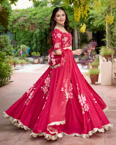 Gudhal Red Handpainted Crepe Lehenga Set