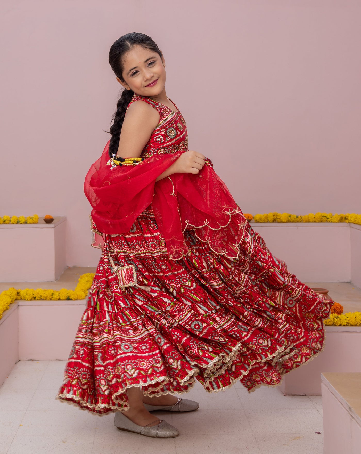 Nashra Red Printed Chanderi Lehenga Set
