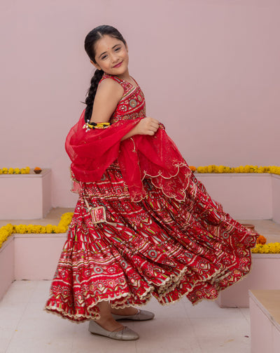 Nashra Red Printed Chanderi Lehenga Set