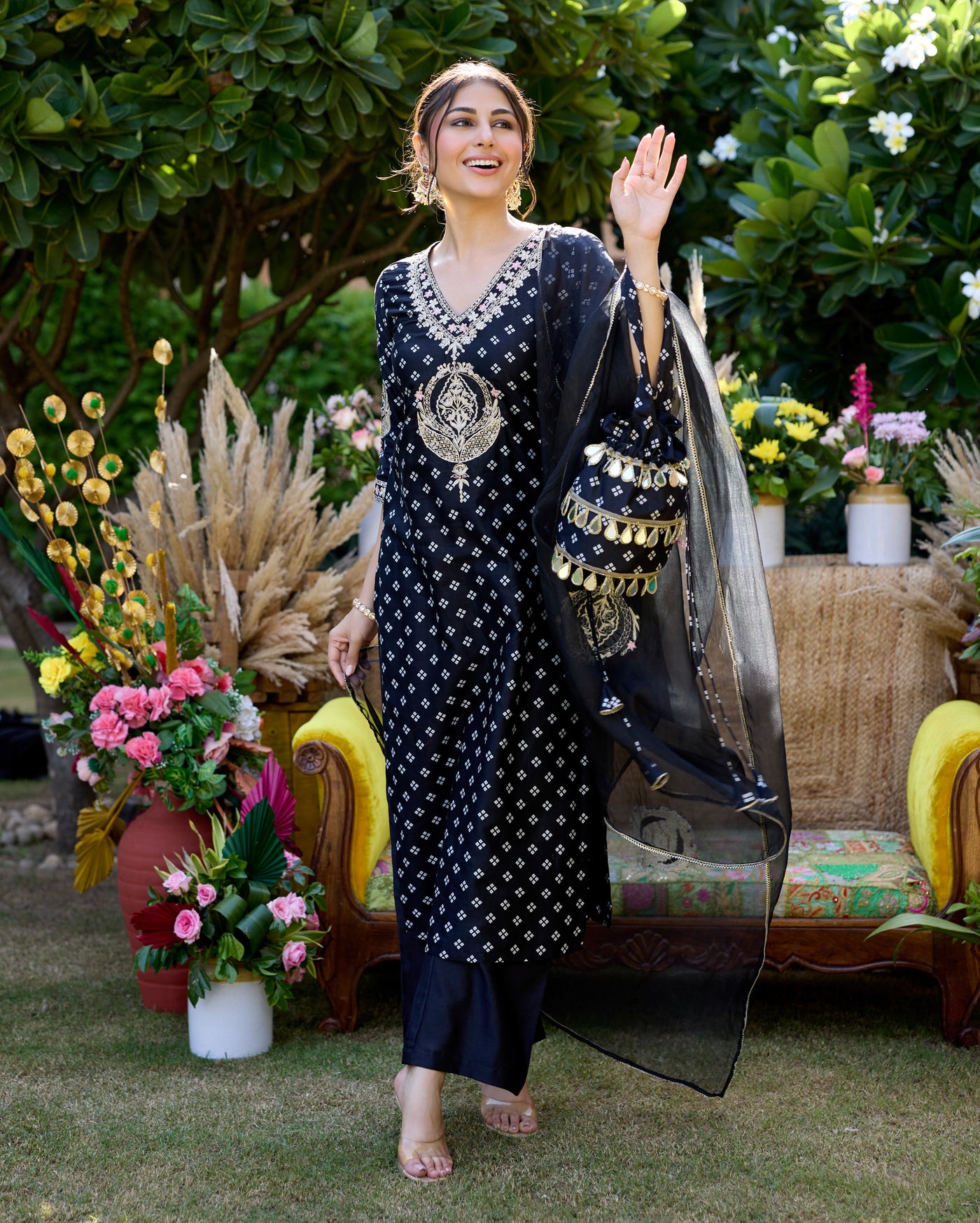 Mantra Black Bandhani Chanderi Suit Set