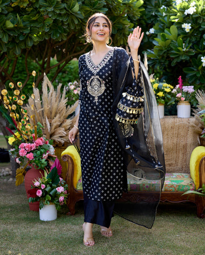 Mantra Black Bandhani Chanderi Suit Set