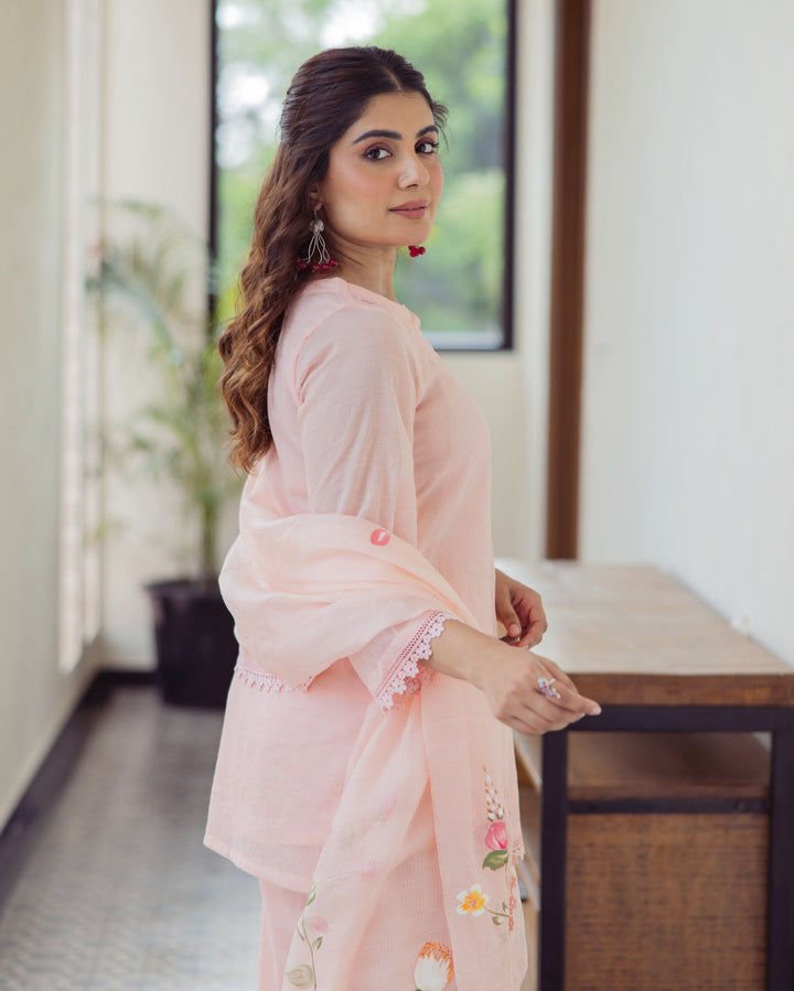 Milky Peach Handpainted Chanderi Suit Set