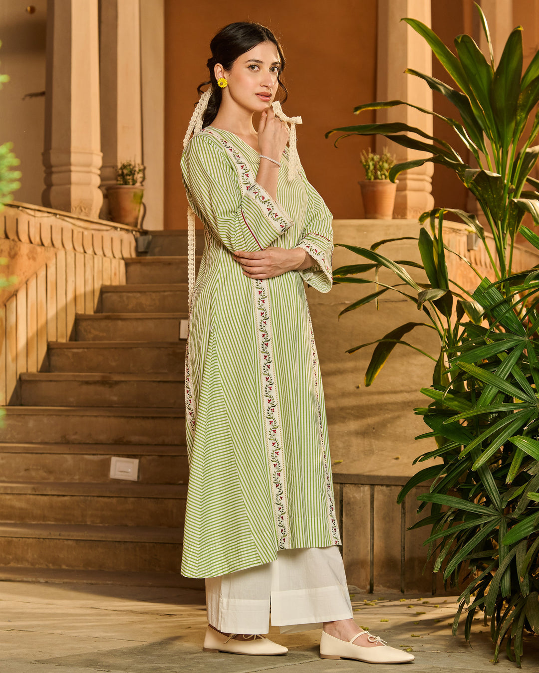 Camille Green Printed Cotton Stripes Kurta Set