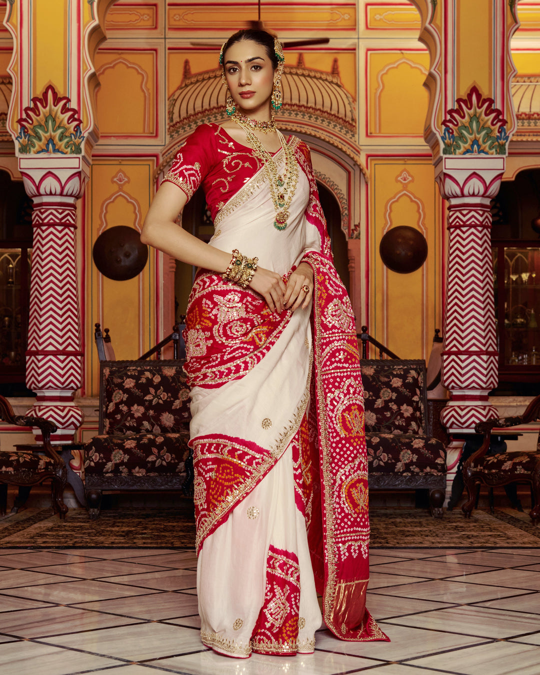 Ghanan White Embroidered Kajol Bandhej Silk Saree