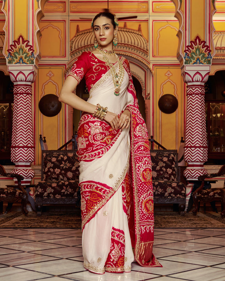 Ghanan White Embroidered Kajol Bandhej Silk Saree