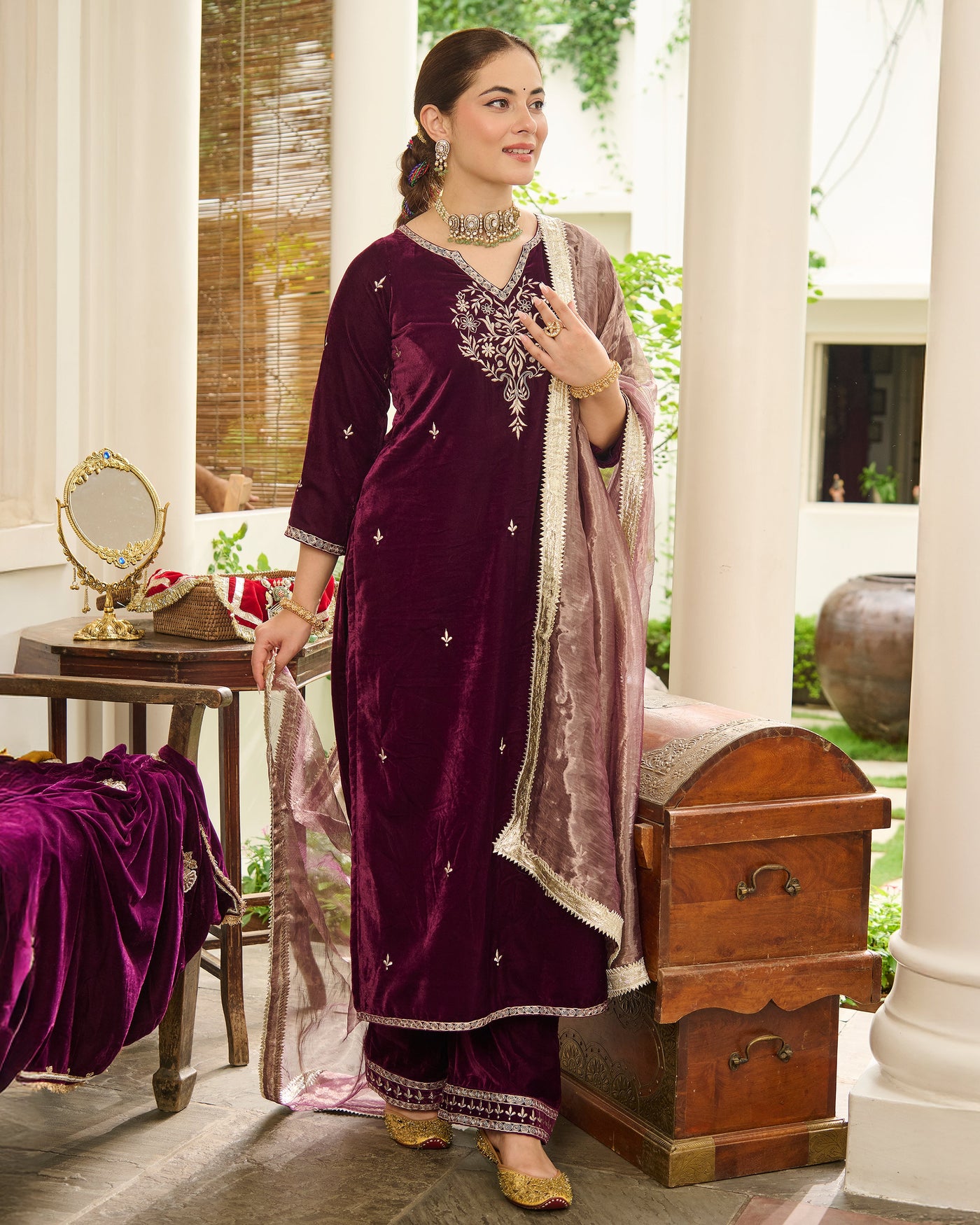 Yug Purple Embroidered Velvet Suit Set