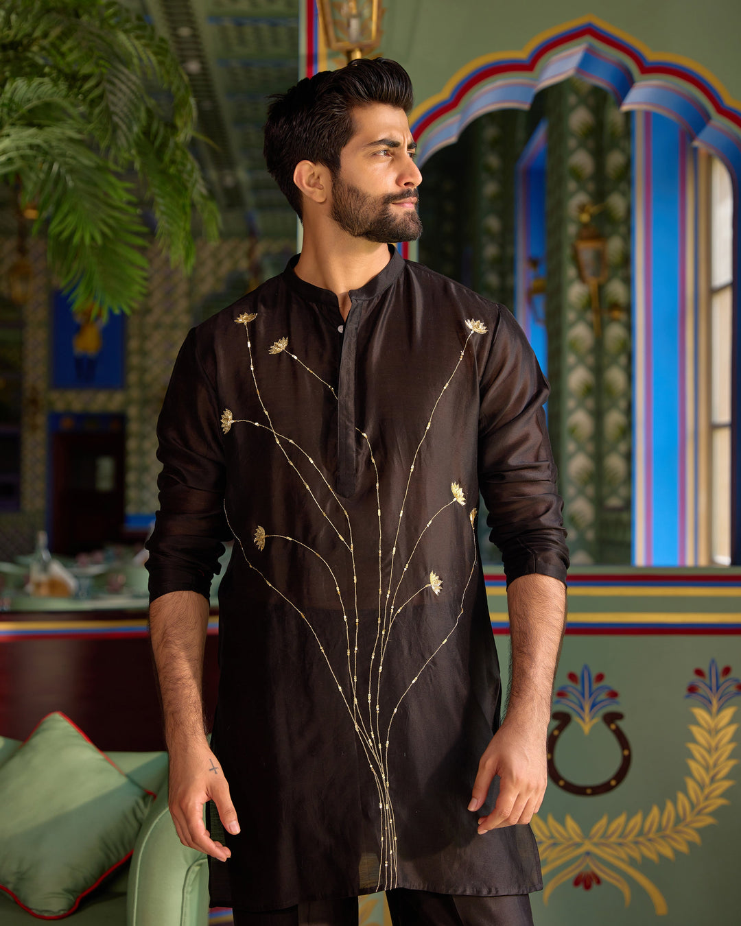 Shankar Black Chanderi Embroidered Kurta