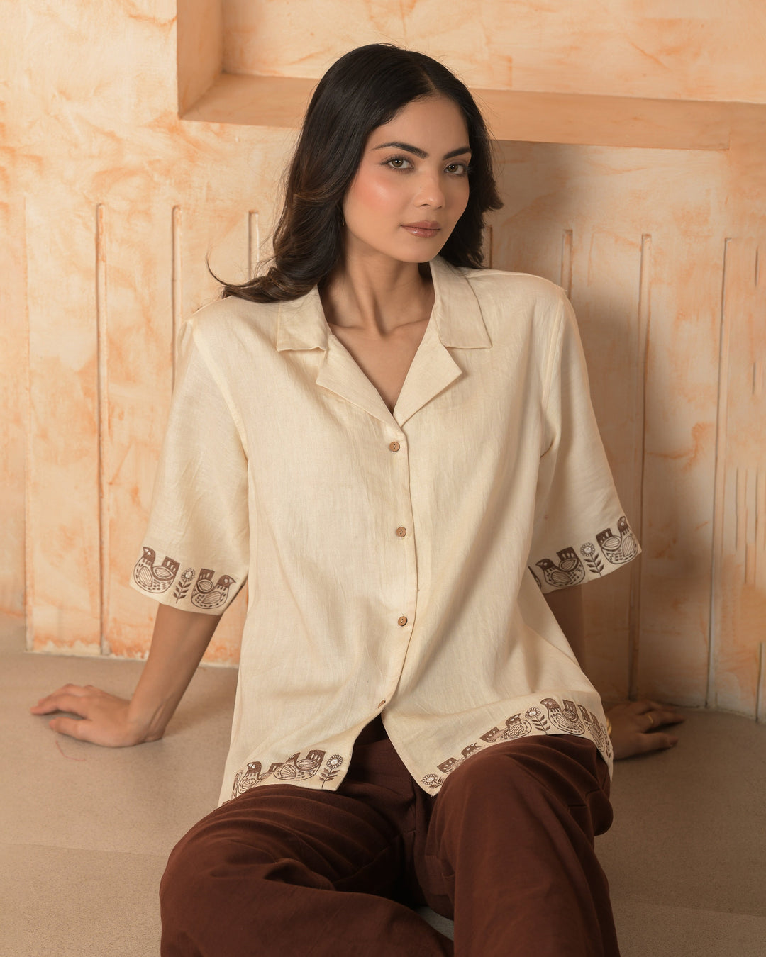 Vira Cream Embroidered Cotton Satin Shirt