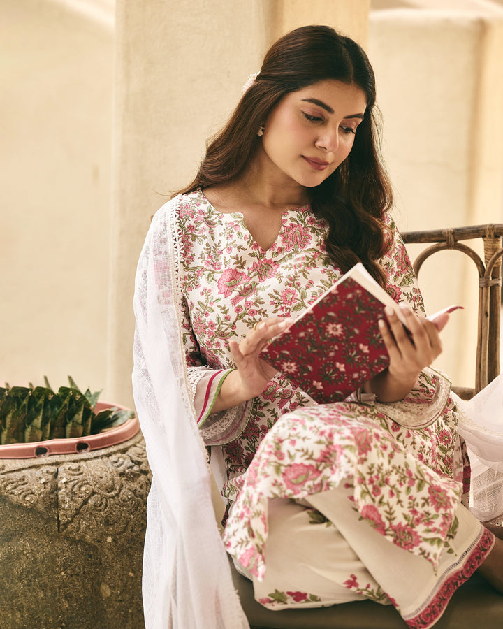 Sasha White Cotton Printed Suit Set