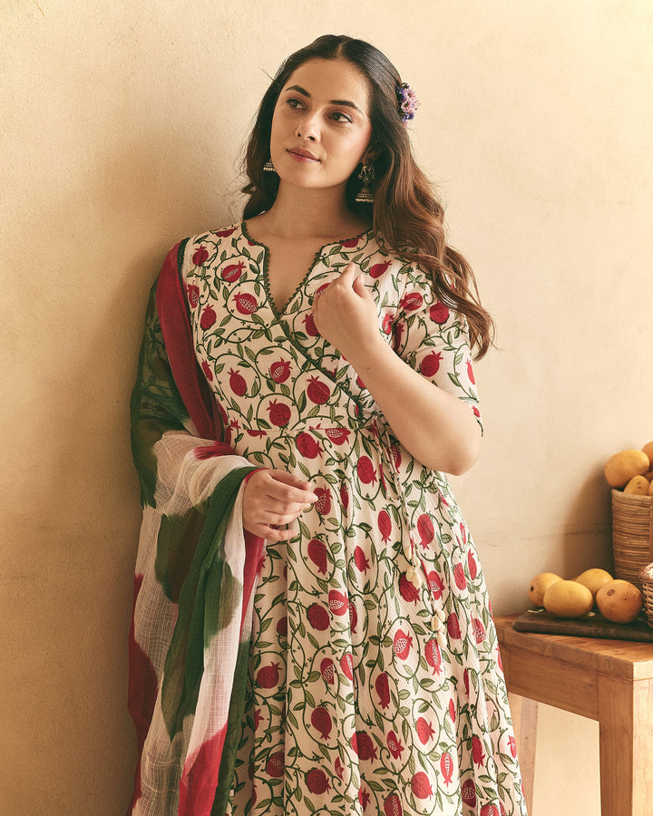 Yulia White Cotton Crush Printed Suit Set