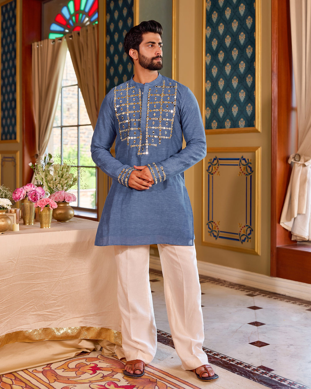 Tattva Blue Silk Embroidered Kurta
