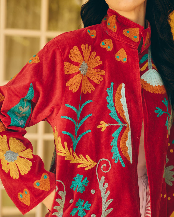 Crimselle Red Velvet Suzani Jacket
