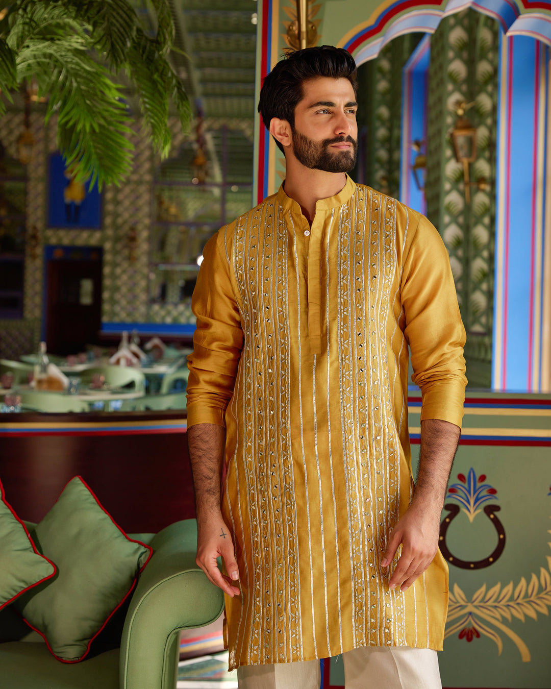 Vardhan Mustard Chanderi Embroidered Kurta