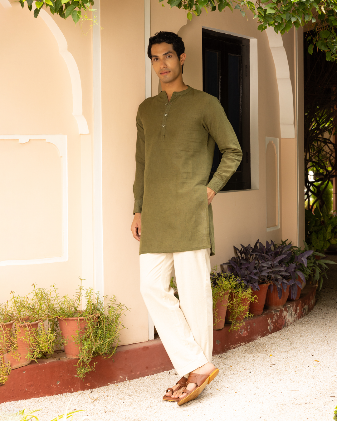 Vikrant Olive Green Solid Cotton Flex Kurta