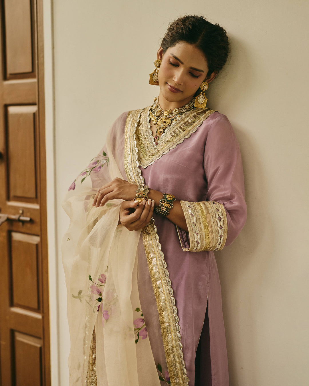Zoyra Purple Handpainted Viscose Organza Suit Set