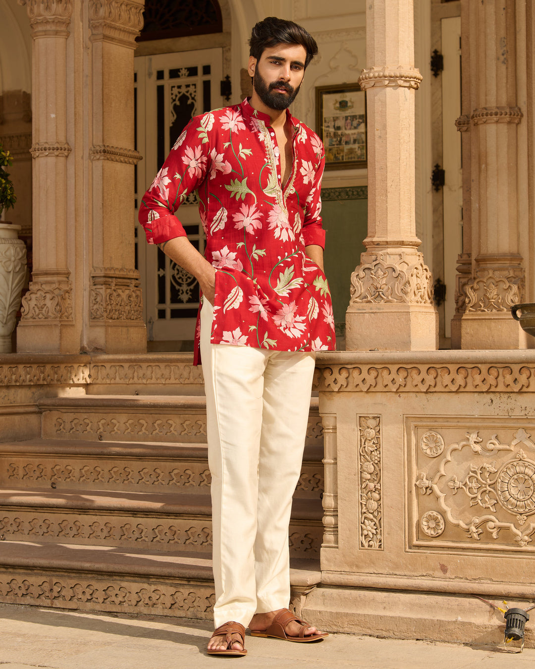 Ekam Red Printed Chanderi Kurta