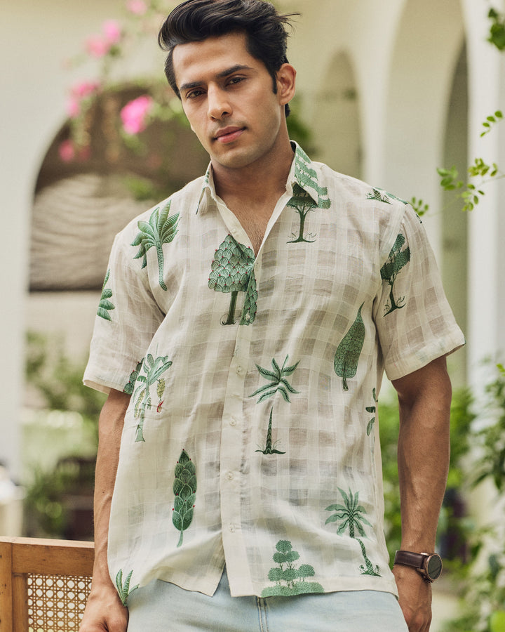 Nihal Off White Printed Cotton Checks Shirt